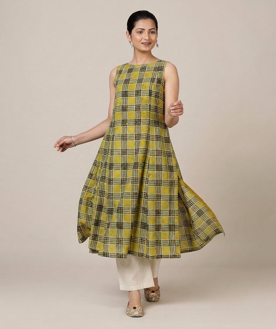 Prerna Sleeveless Olive Grid Handblock Print Cotton BreezeFit™ Kurta