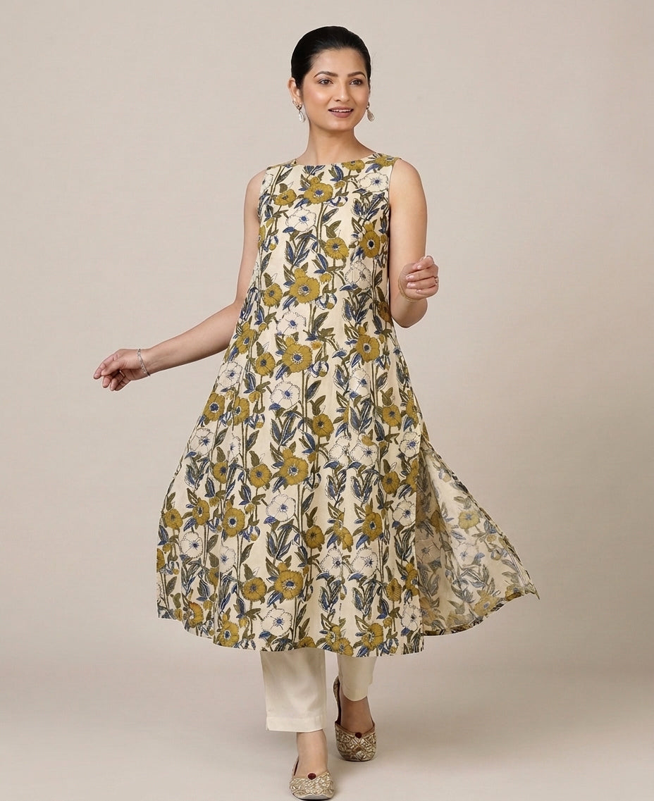Prerna Sleeveless Cream Meadow Handblock Print Cotton BreezeFit™ Kurta