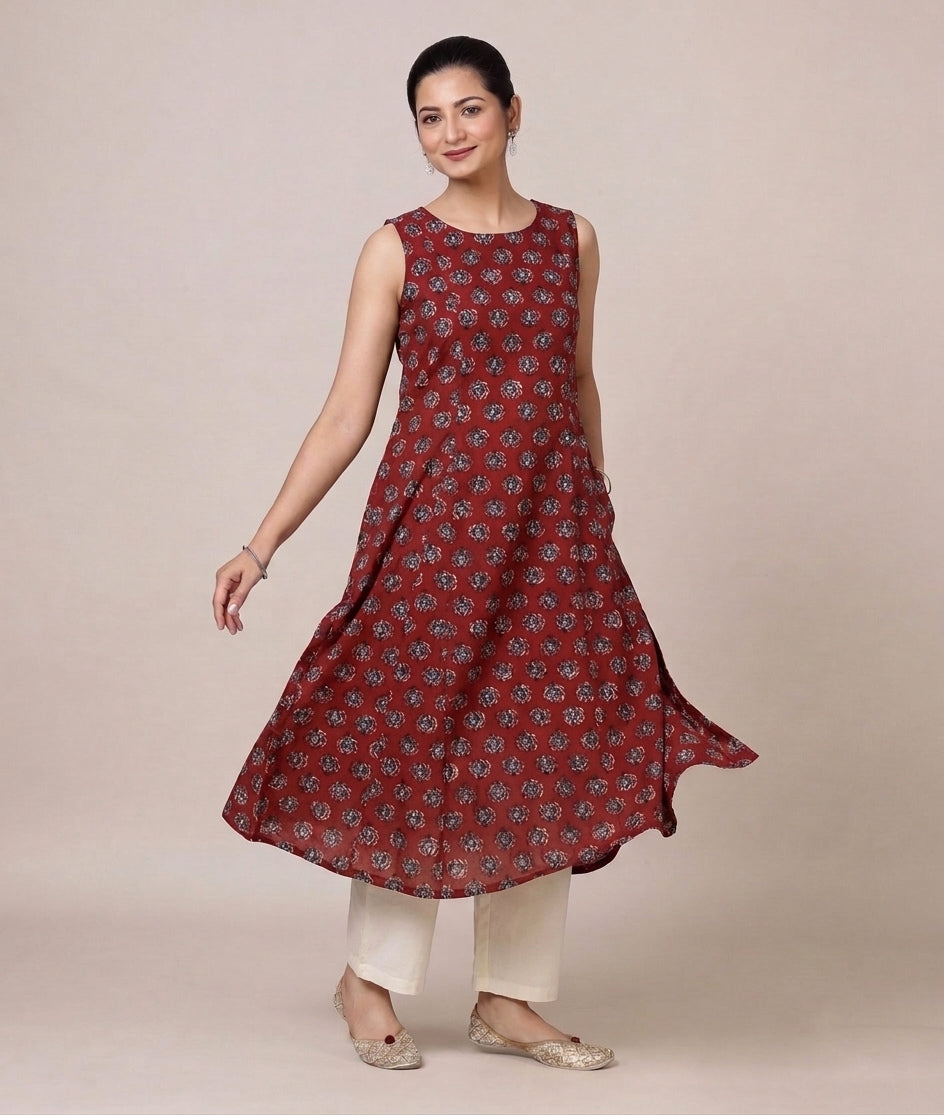 Prerna Sleeveless Crimson Field Handblock Print Cotton BreezeFit™ Kurta