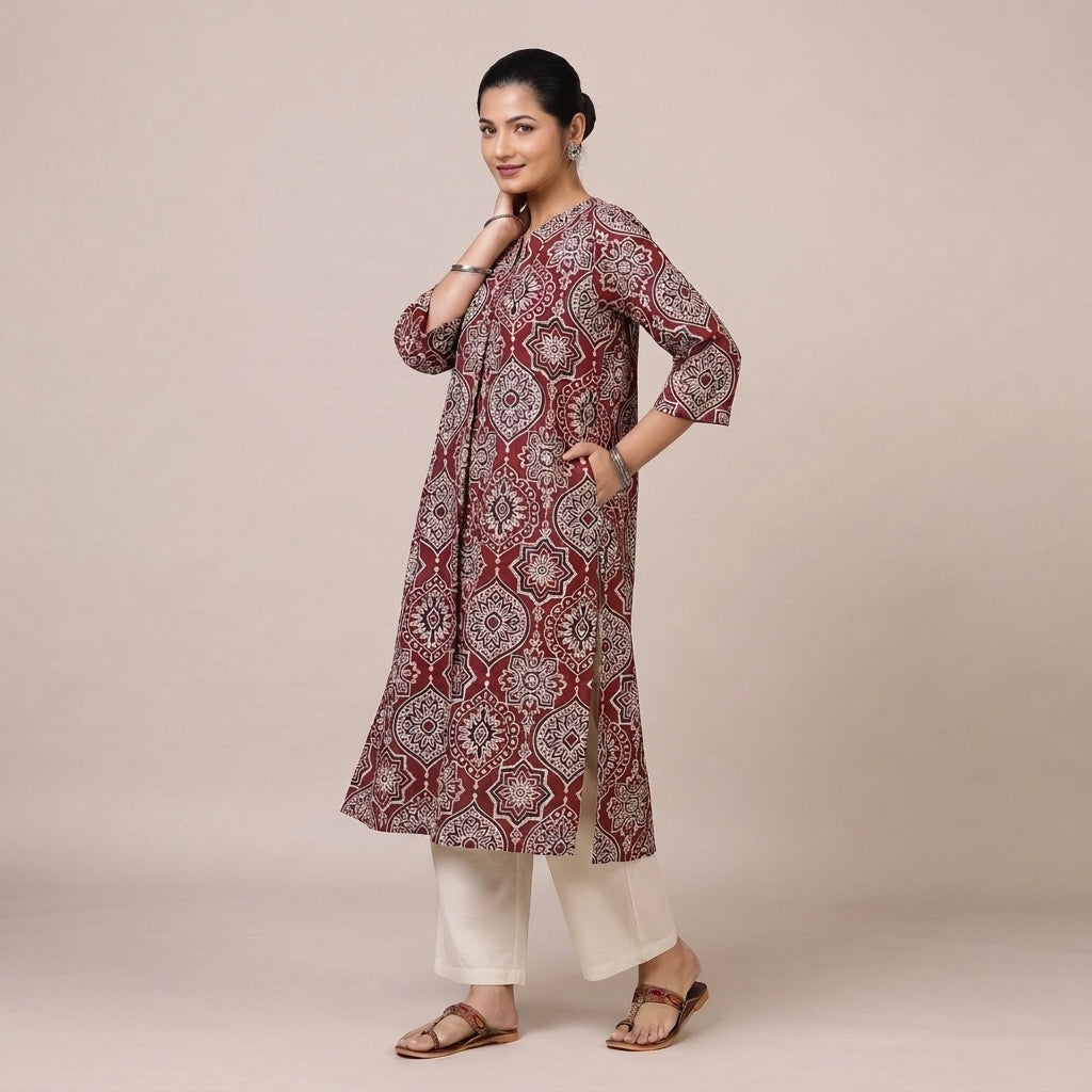 Bhavna Pleated Red Ajrakh Jaal Printed Cotton BreezeFit™ Kurta