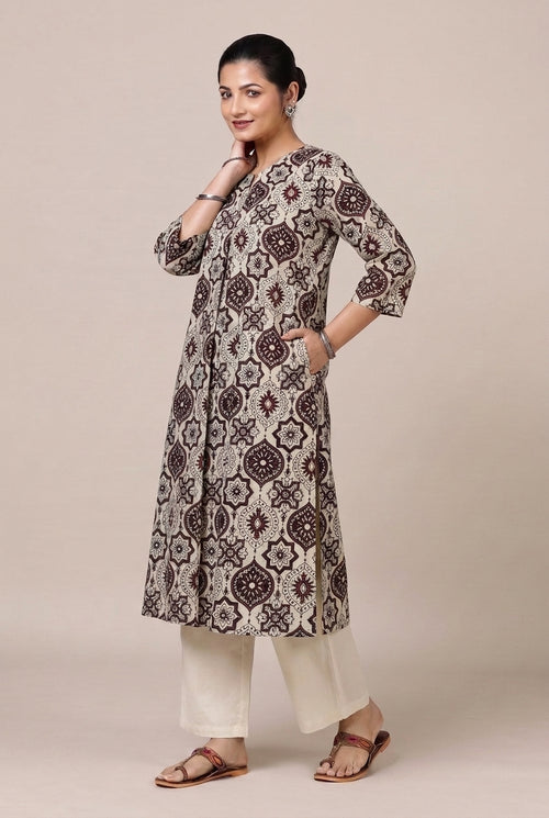 Bhavna Pleated Beige & Red Ajrakh Jaal Printed Cotton BreezeFit™ Kurta