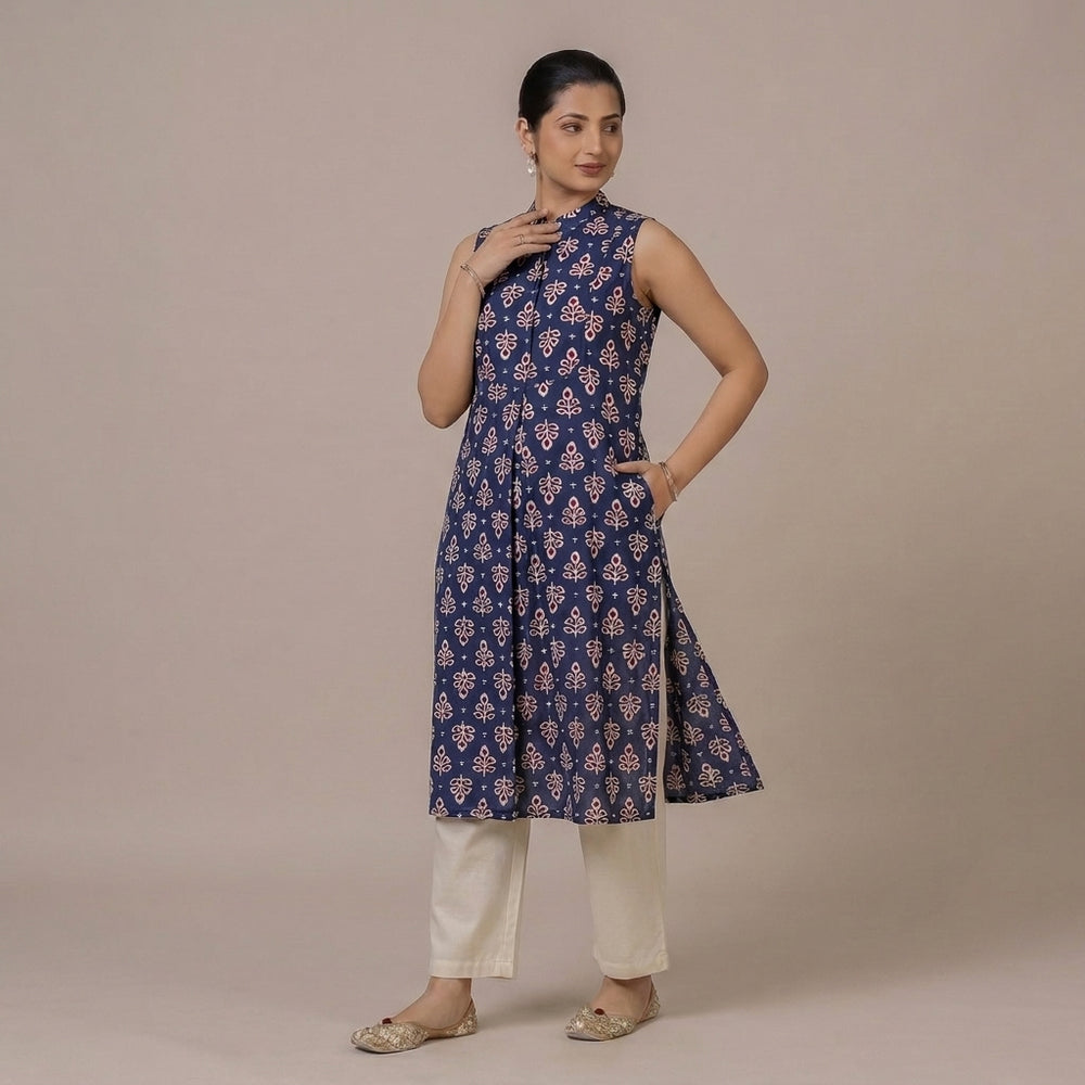 Shreya | A Line Kurta w/ Mandarin Collar in Blue Floral Butta Blockprinted Cotton