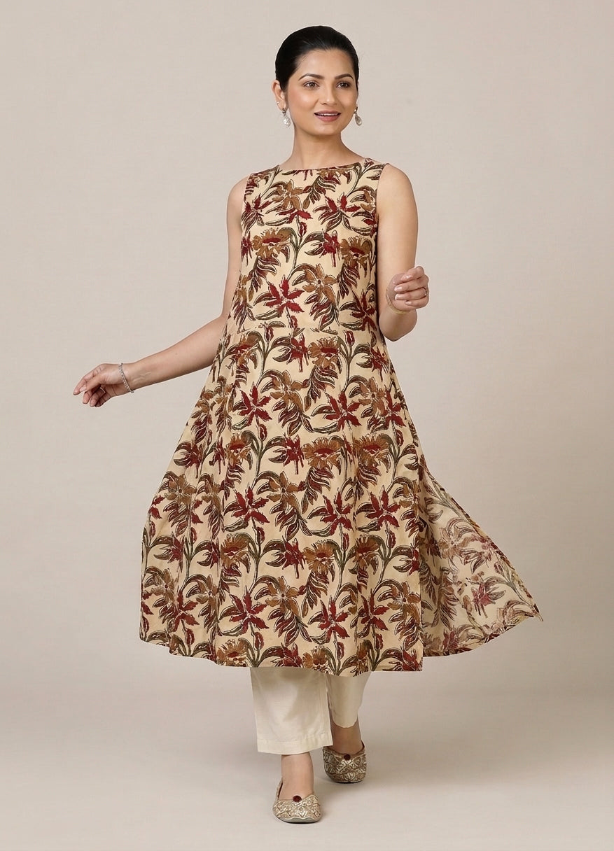 Prerna Sleeveless Cream Blossom Handblock Print Cotton BreezeFit™ Kurta