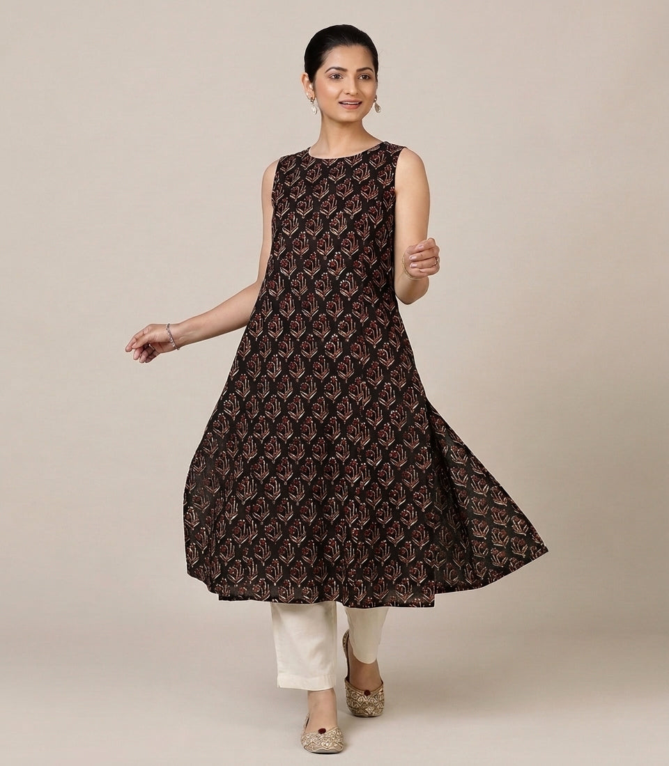 Prerna Sleeveless Midnight Lily Handblock Print Cotton BreezeFit™ Kurta