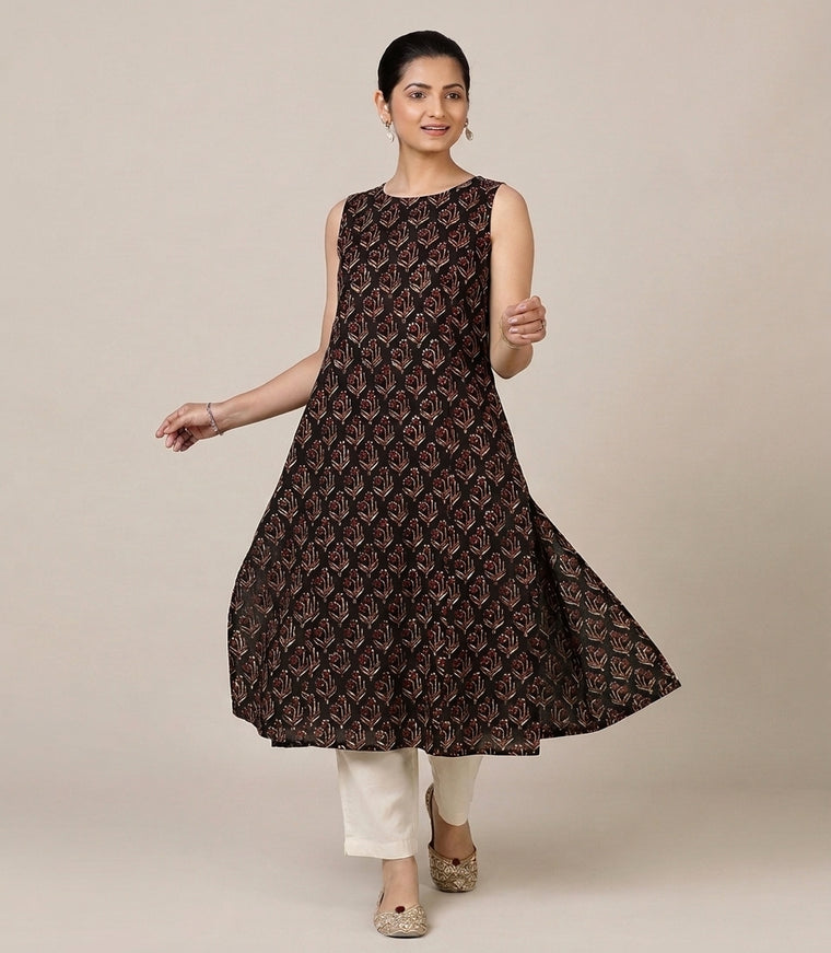 Prerna Sleeveless Midnight Lily Handblock Print Cotton BreezeFit™ Kurta