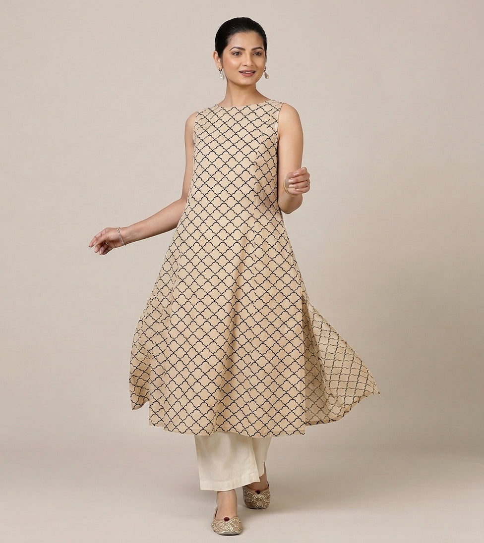 Prerna Sleeveless Cream Fishscale Handblock Print Cotton BreezeFit™ Kurta