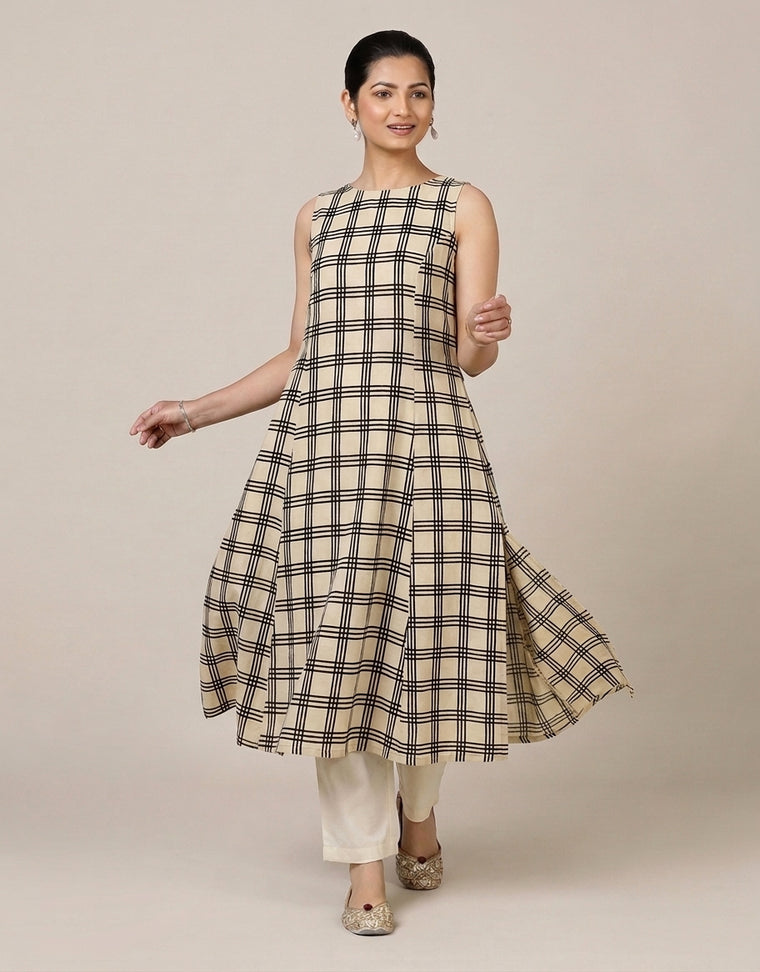 Prerna Sleeveless Cream Windowpane Handblock Print Cotton BreezeFit™ Kurta