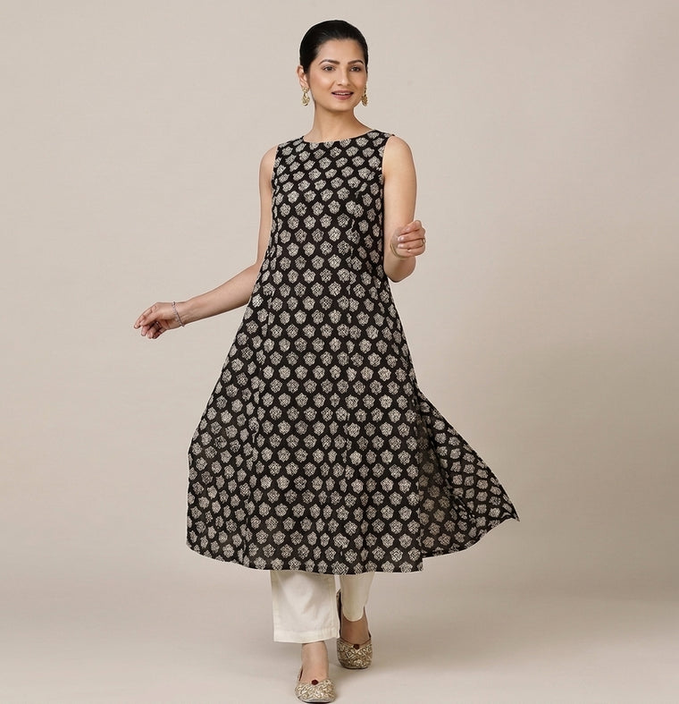 Prerna Sleeveless Black Floral Handblock Print Cotton BreezeFit™ Kurta