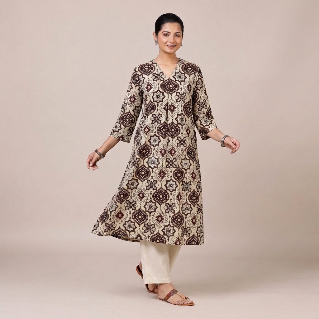 Bhavna Pleated Beige & Red Ajrakh Jaal Printed Cotton BreezeFit™ Kurta