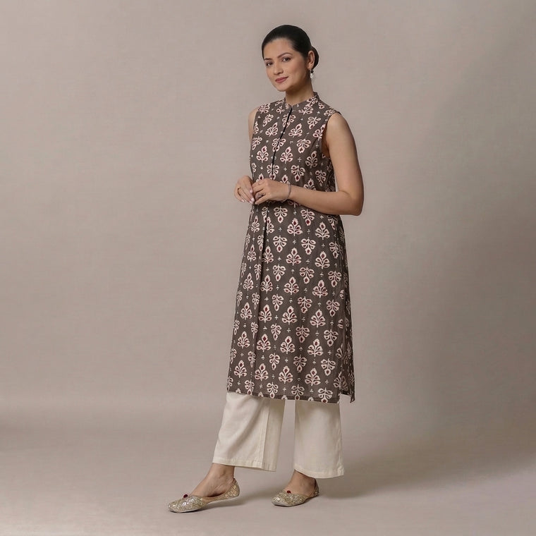 Shreya | A Line Kurta w/ Mandarin Collar in Brown Floral Butta Blockprinted Cotton