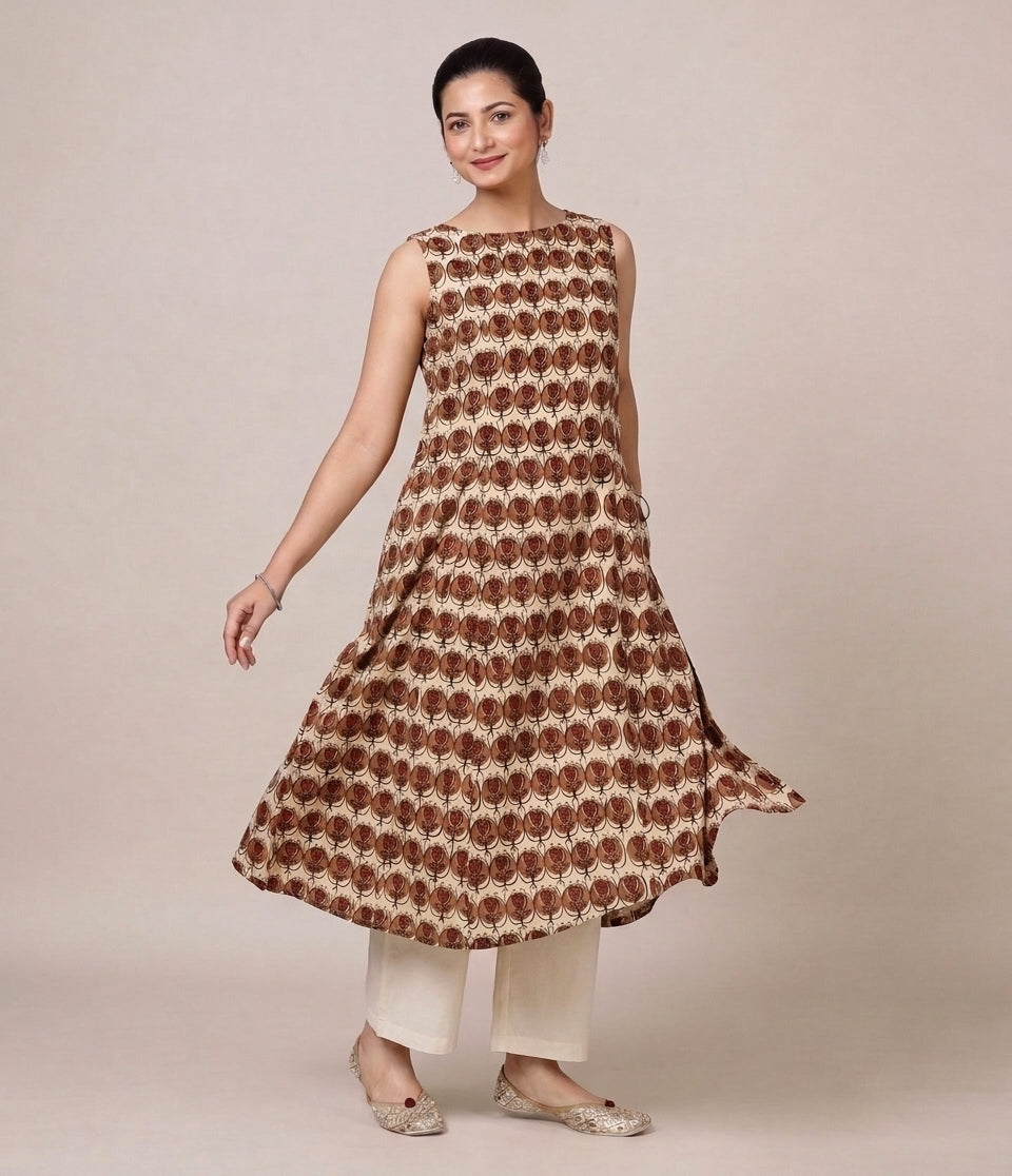 Prerna Sleeveless Cream Floral Handblock Print Cotton BreezeFit™ Kurta
