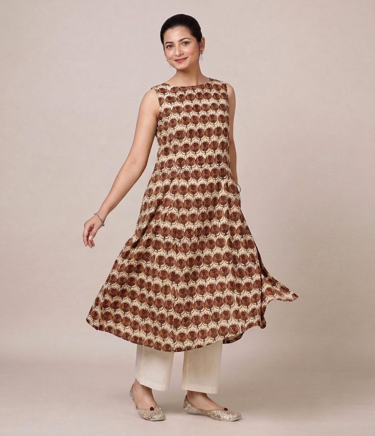 Prerna Sleeveless Cream Floral Handblock Print Cotton BreezeFit™ Kurta