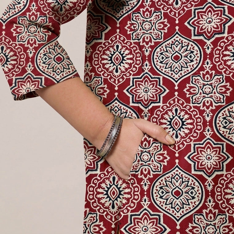 Bhavna Pleated Red Ajrakh Jaal Printed Cotton BreezeFit™ Kurta