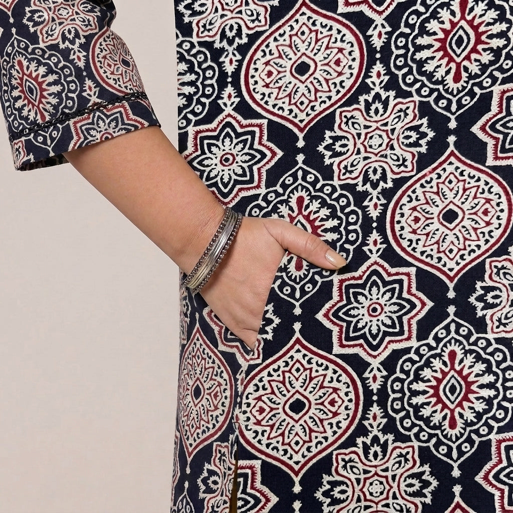 Bhavna Pleated Black Ajrakh Jaal Printed Cotton BreezeFit™ Kurta