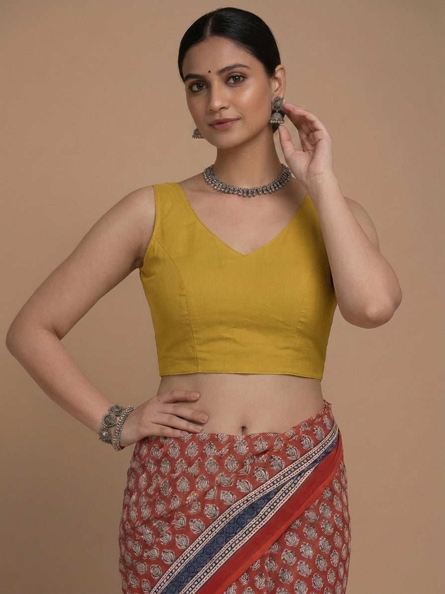 Ardha | Duet Reversible Blockprinted Indigo Spade & Yellow Blockprinted Cotton CinchFit™ Saree Blouse