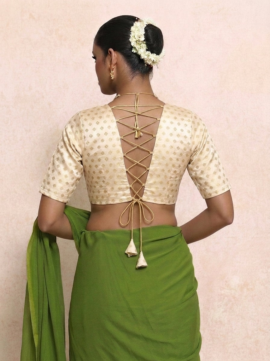 Aabha Elbow Sleeve Cream Butta Satin Viscose FlexiFit™ Saree Blouse