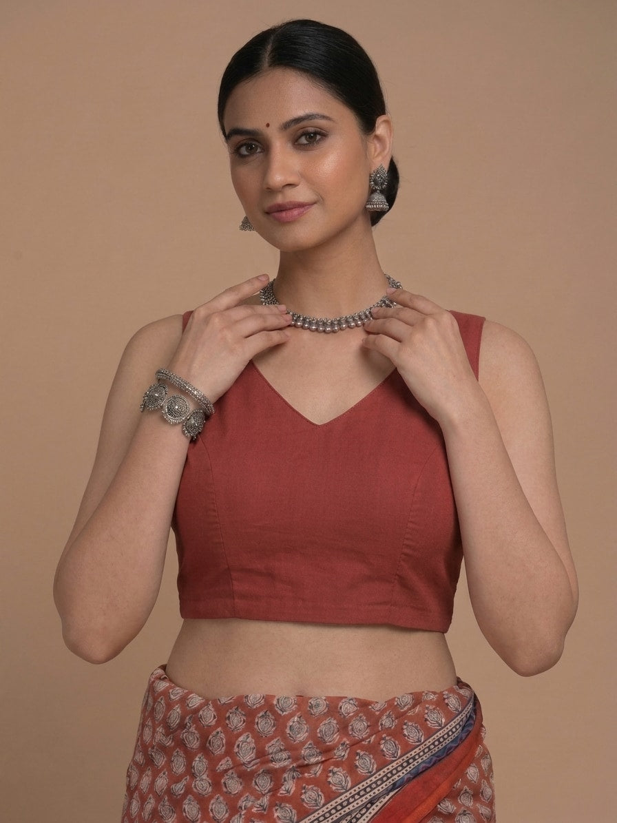 Ardha | Duet Reversible Blockprinted Indigo Leaf & Red Solid Cotton CinchFit™ Saree Blouse