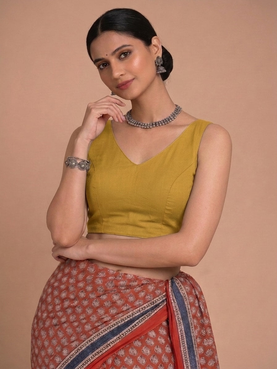Ardha | Duet Reversible Blockprinted Indigo Spade & Yellow Blockprinted Cotton CinchFit™ Saree Blouse