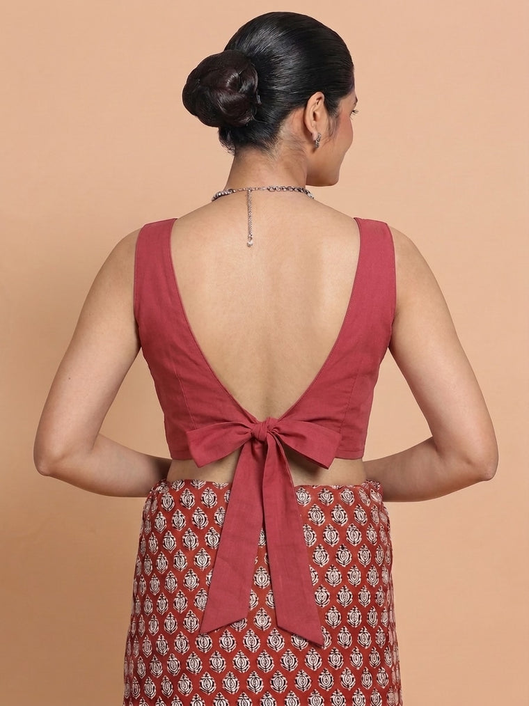 Ardha | Duet Reversible Blockprinted Indigo Leaf & Red Solid Cotton CinchFit™ Saree Blouse