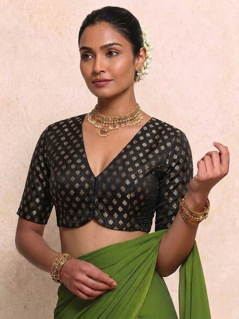 Aabha Elbow Sleeve Black Butta Satin Viscose FlexiFit™ Saree Blouse