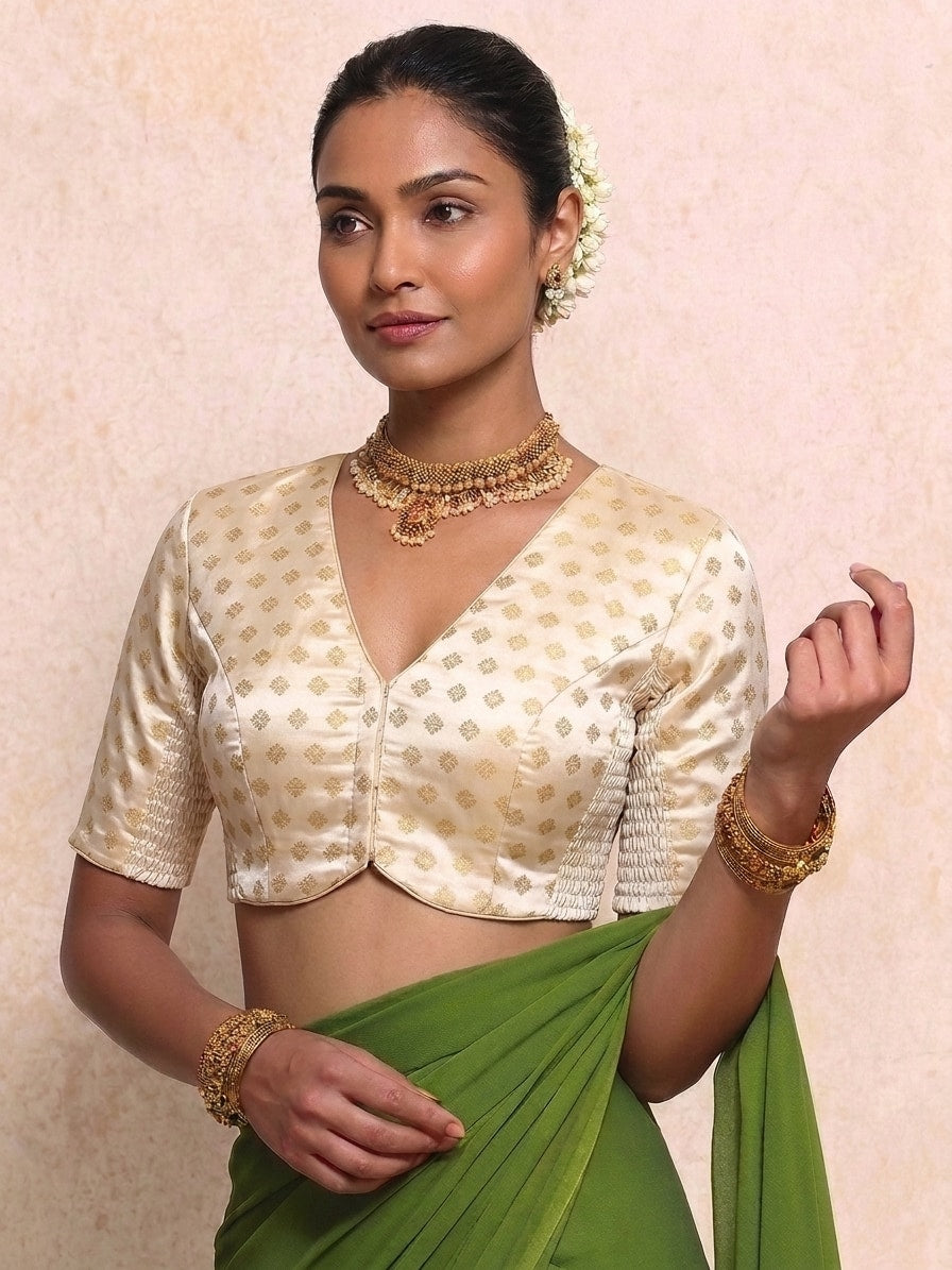 Aabha Elbow Sleeve Cream Butta Satin Viscose FlexiFit™ Saree Blouse