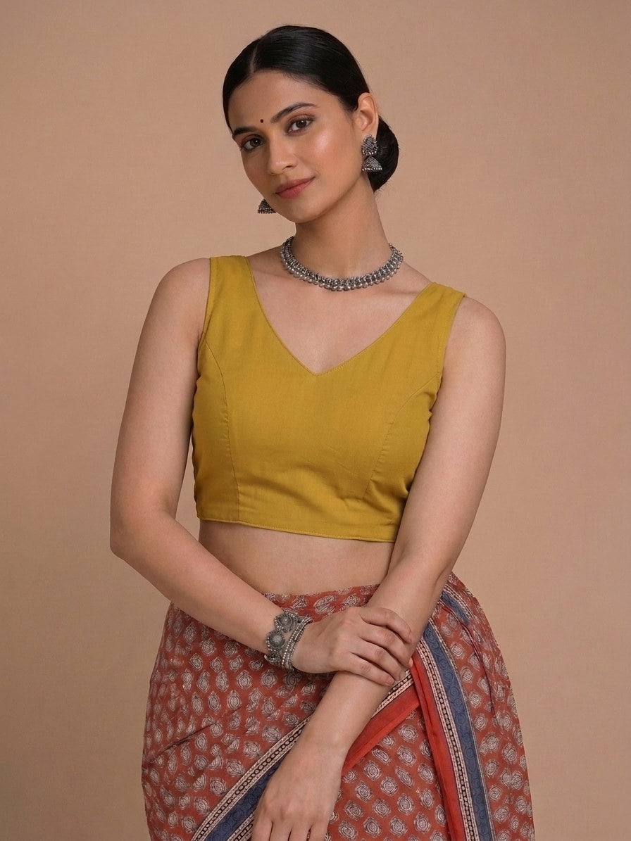 Ardha | Duet Reversible Blockprinted Indigo Spade & Yellow Blockprinted Cotton CinchFit™ Saree Blouse