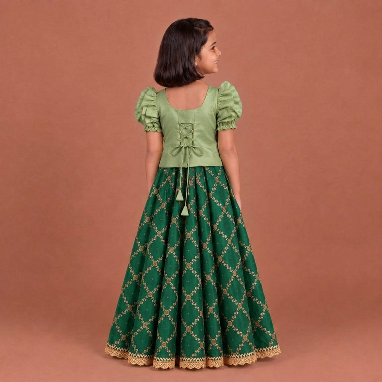 Timtim x Tyohaar | Light & Emerald Green Chandheri-Brocade Ruffle Sleeve Lehenga Set