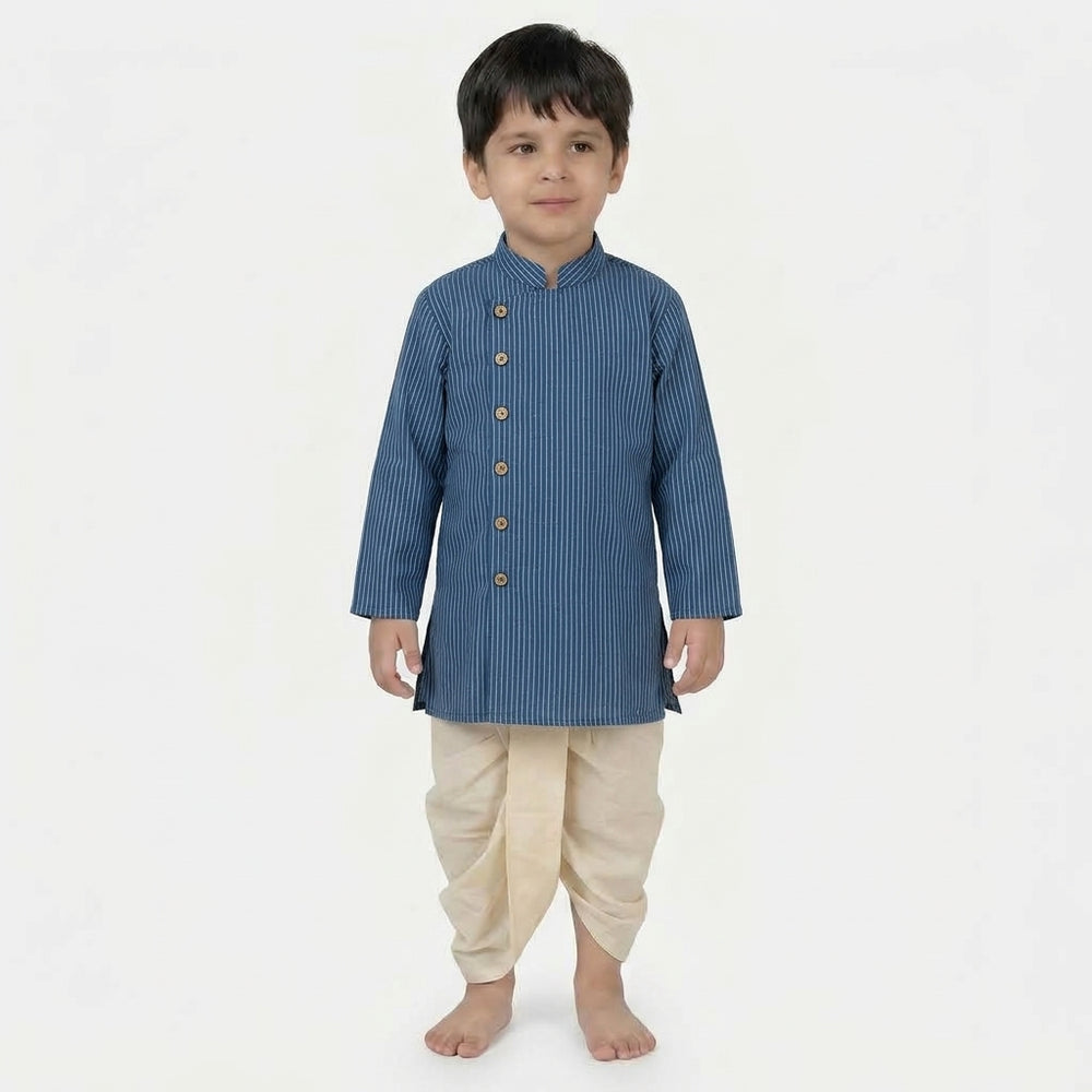 Kairav x Tyohaar | Kurta & Dhoti Pant Set in Indigo Silver Stripe Cotton & Linen