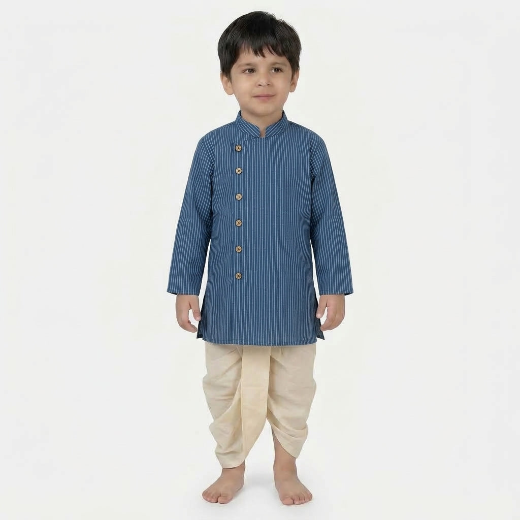 Kairav x Tyohaar | Kurta & Dhoti Pant Set in Indigo Silver Stripe Cotton & Linen
