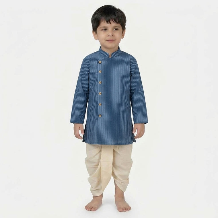 Kairav x Tyohaar | Kurta & Dhoti Pant Set in Indigo Silver Stripe Cotton & Linen