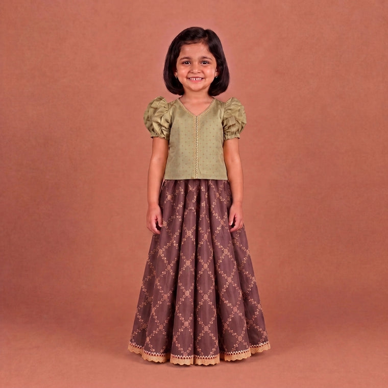 Timtim x Tyohaar | Oyster Grey & Dusky Mauve Chandheri-Brocade Ruffle Sleeve Lehenga Set