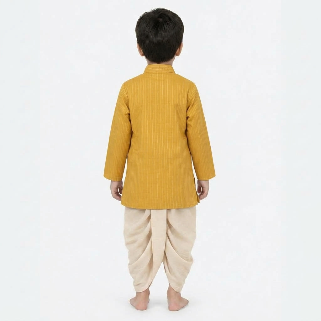 Kairav x Tyohaar | Kurta & Dhoti Pant Set in Yellow Silver Stripe Cotton & Linen