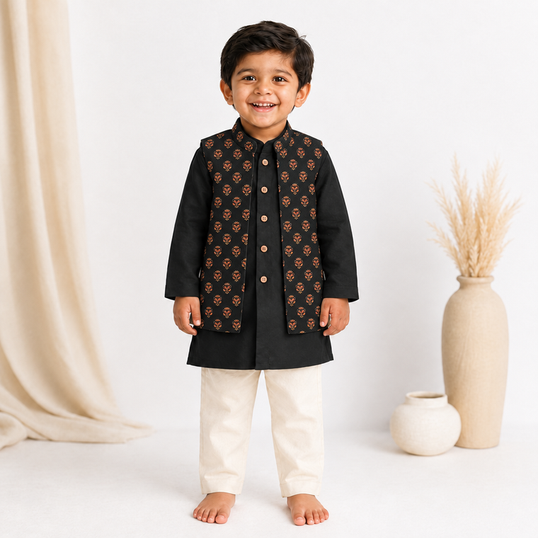 Mayur x Tyohaar | Kurta Pant & Jacket Set in Black Peacock Cotton & Linen