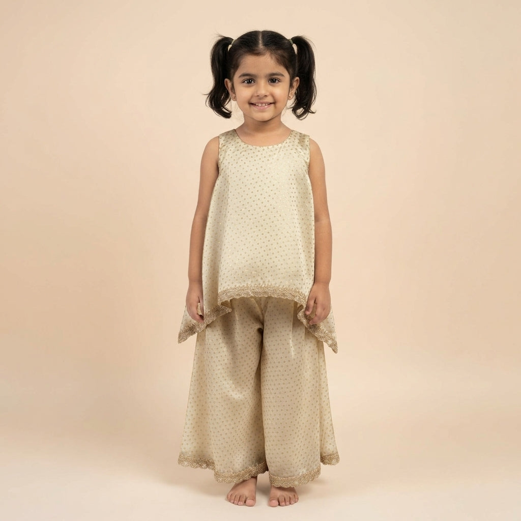 Kitty x Tyohaar | Oyster Grey Foil Chandheri Tent Style Kurta & Flared Pant Set