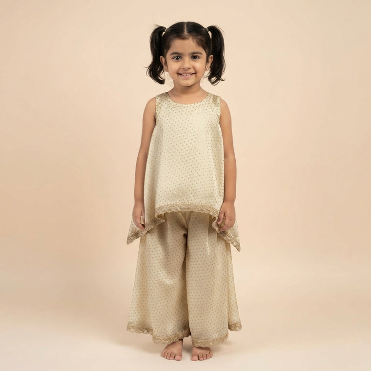 Kitty x Tyohaar | Oyster Grey Foil Chandheri Tent Style Kurta & Flared Pant Set