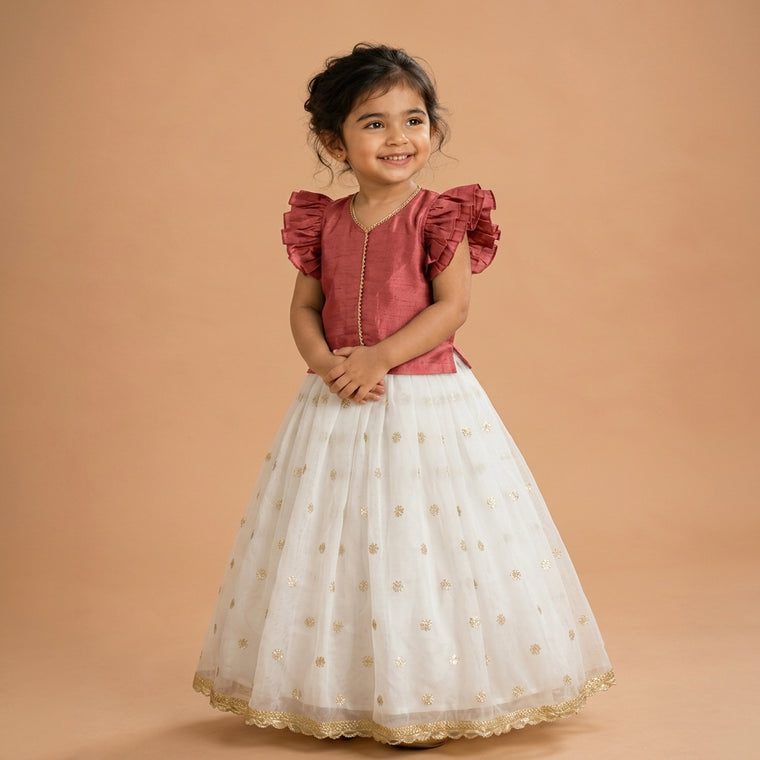 Gilheri x Tyohaar | Rose Pink & White Chandheri-Organza Ruffle Sleeve Lehenga Set