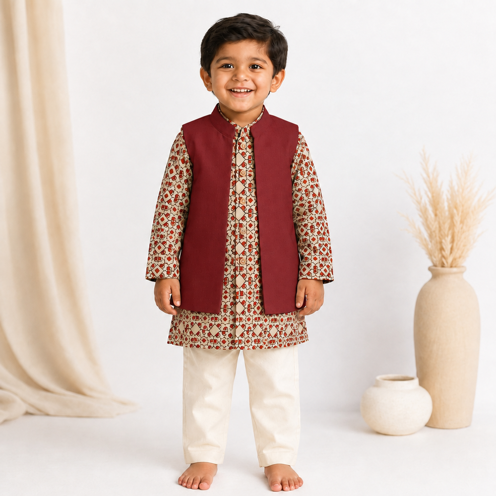 Arko x Tyohaar | Kurta Pant & Jacket Set in Cream & Red Geometric Block Print Cotton & Linen