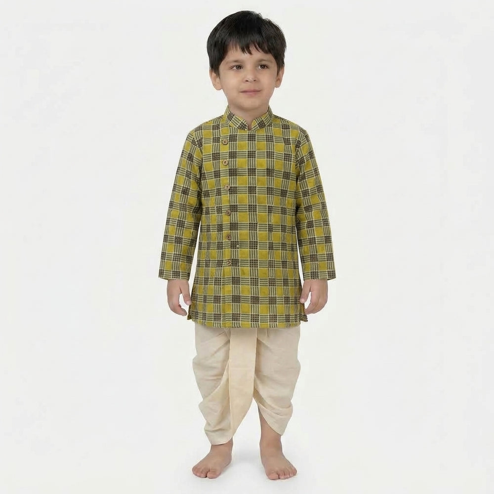 Ollie x Tyohaar | Kurta & Dhoti Pant Set in Olive Grid Block Print Cotton & Linen