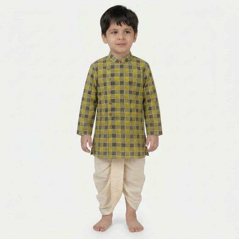 Ollie x Tyohaar | Kurta & Dhoti Pant Set in Olive Grid Block Print Cotton & Linen