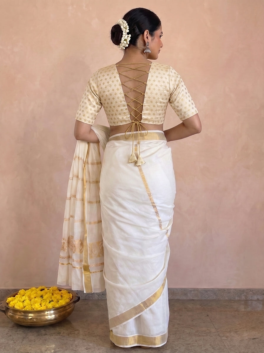 Kasavu-Kit Kasavu Saree with Aabha Elbow Sleeve blouse in Cream Butta Satin Viscose