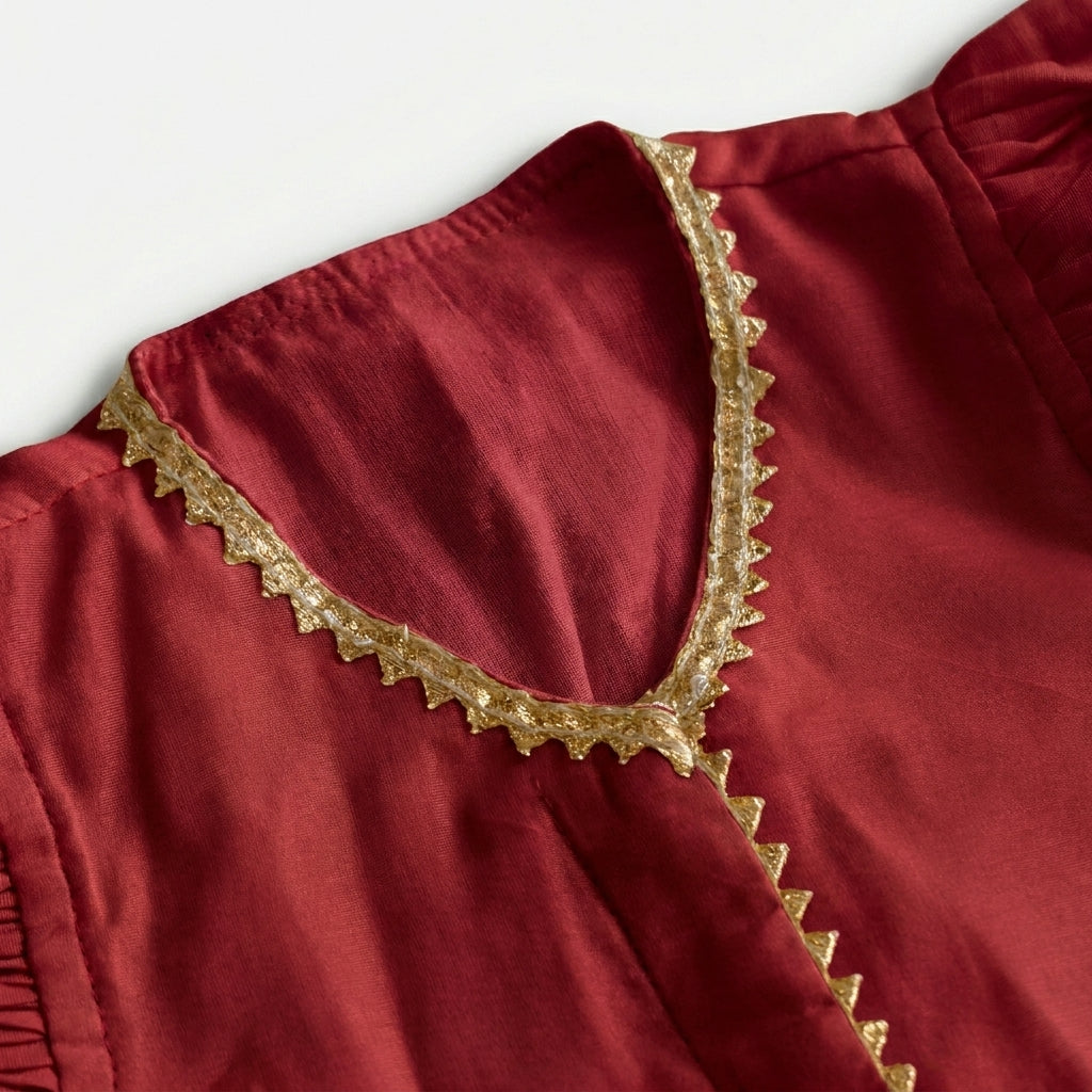 Gilheri x Tyohaar | Velvet Red & Gold Chandheri-Organza Ruffle Sleeve Lehenga Set