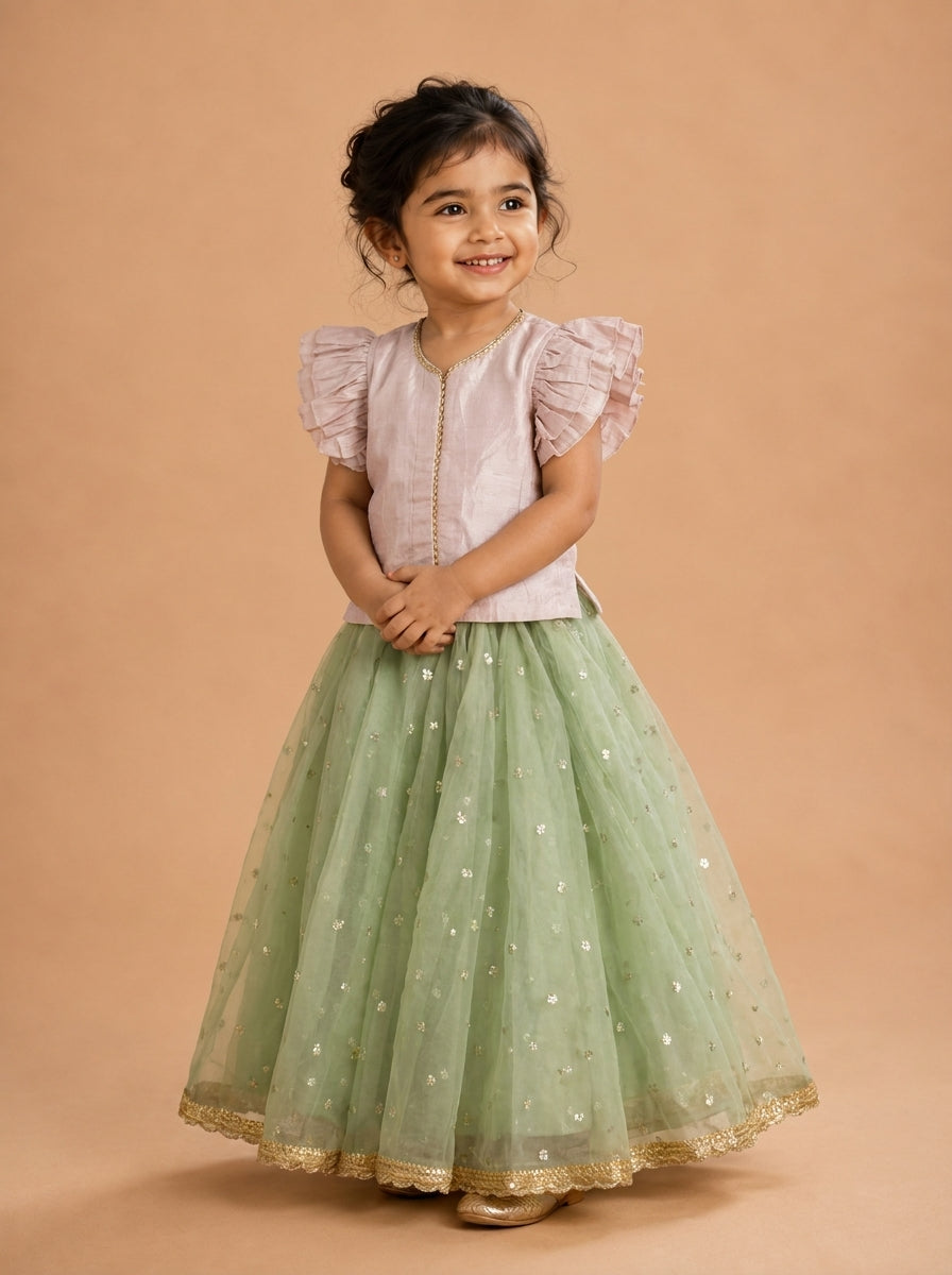 Gilheri x Tyohaar | Baby Pink & Green Chandheri-Organza Ruffle Sleeve Lehenga Set