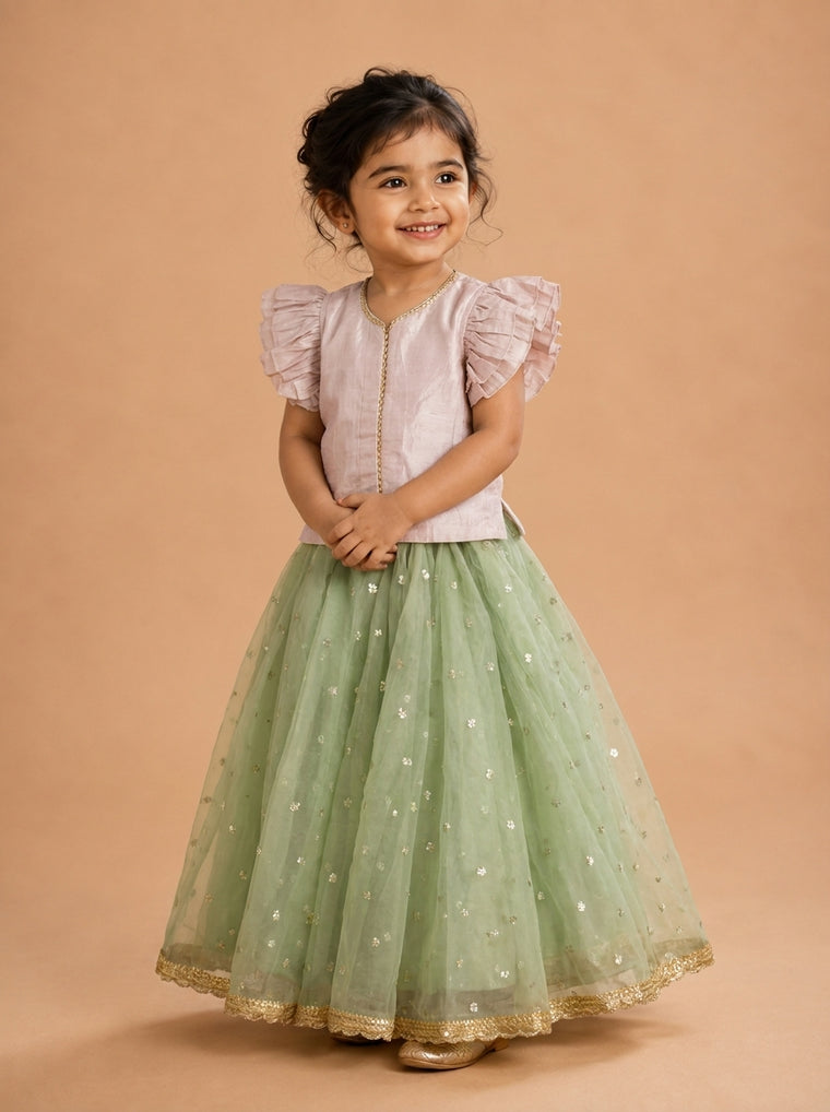 Gilheri x Tyohaar | Baby Pink & Green Chandheri-Organza Ruffle Sleeve Lehenga Set