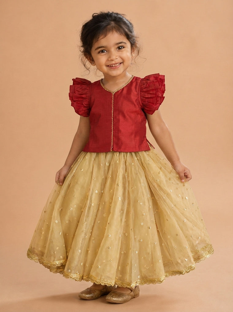 Gilheri x Tyohaar | Velvet Red & Gold Chandheri-Organza Ruffle Sleeve Lehenga Set