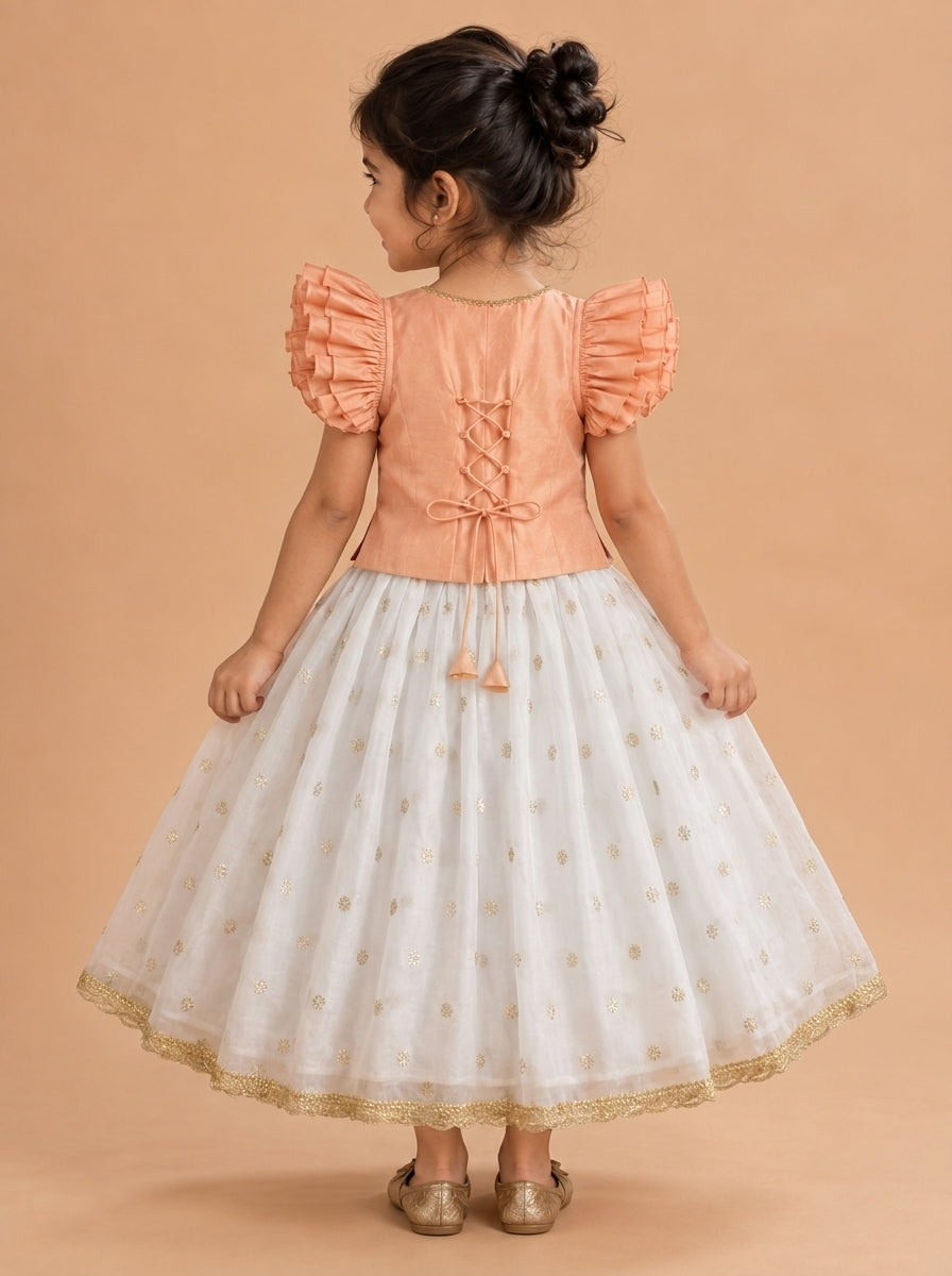 Gilheri x Tyohaar | White & Peach Chandheri-Organza Ruffle Sleeve Lehenga Set