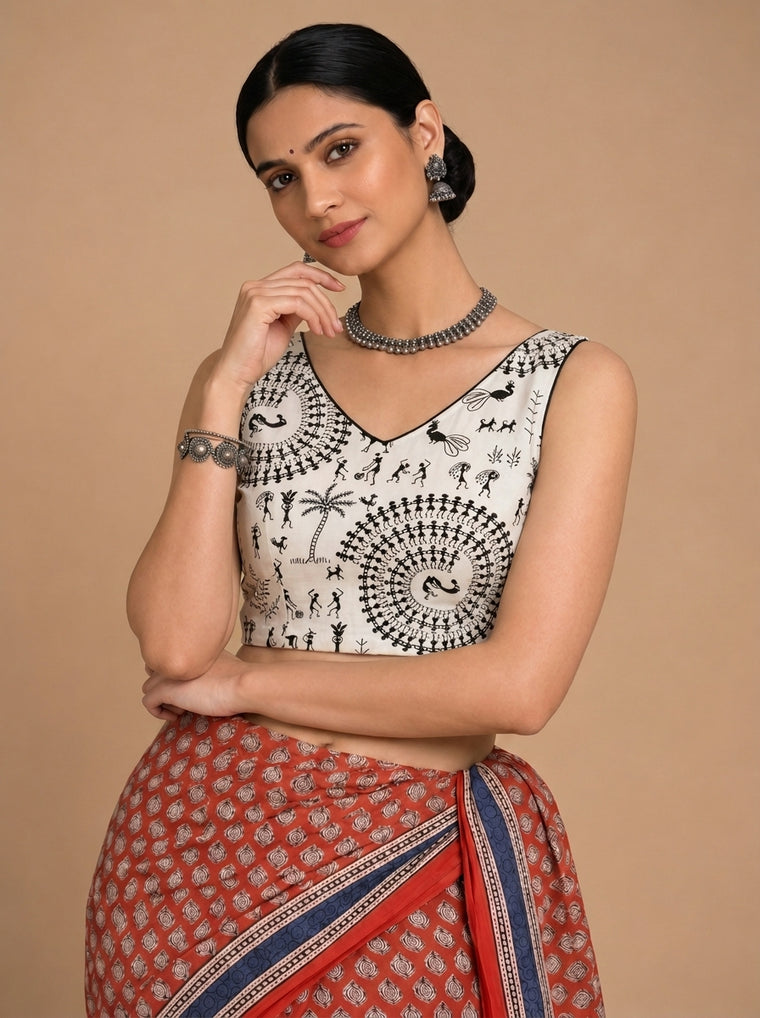 Ardha | Duet Reversible Blockprinted Warli Print & Black Blockprinted Cotton CinchFit™ Saree Blouse