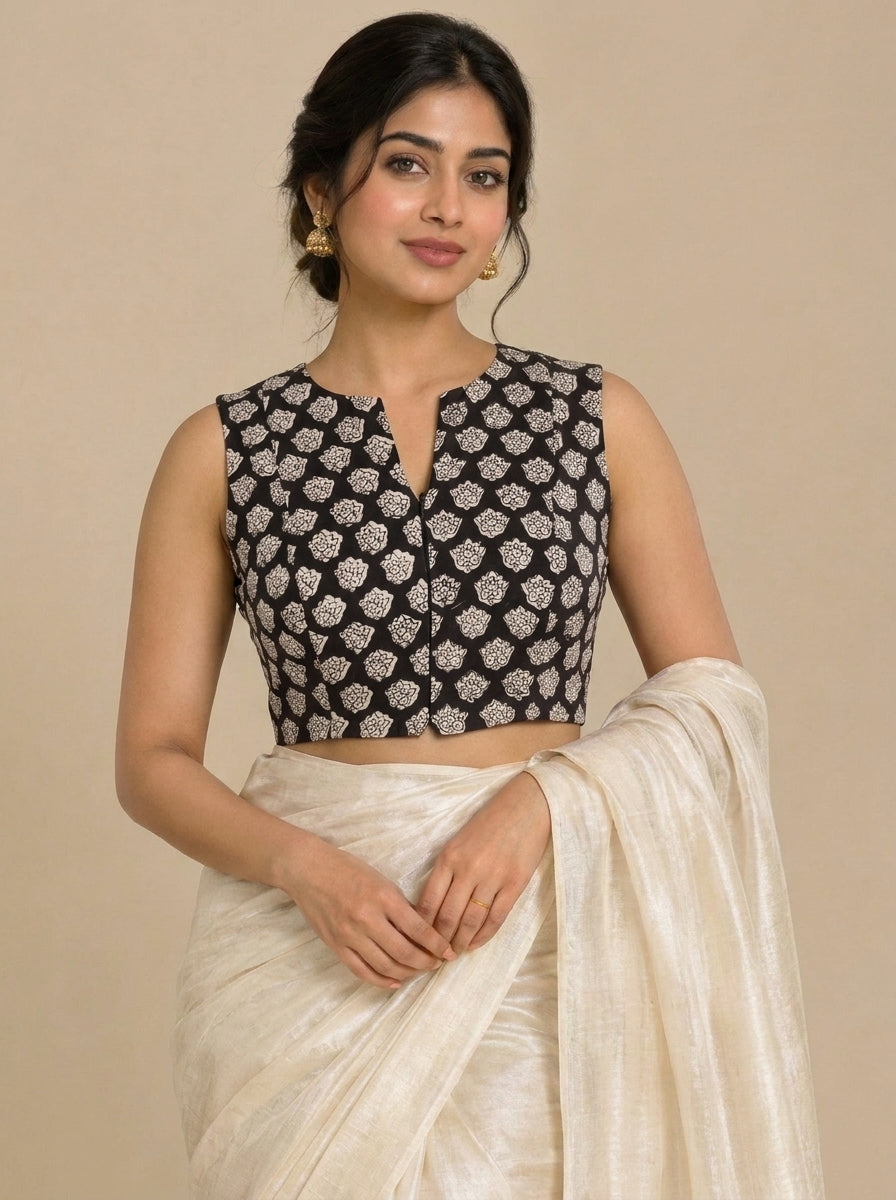 Madhvi Mood | 2-Way Zipper Sleeveless Black Floral Handblock Printed Handblock Printed Cotton FlexiFitFit™ Saree Blouse