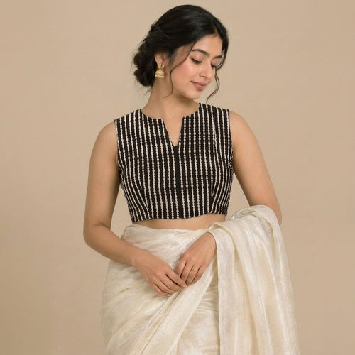 Madhvi Mood | 2-Way Zipper Sleeveless Earthy Black Stripes Handblock Printed Handblock Printed Cotton FlexiFitFit™ Saree Blouse