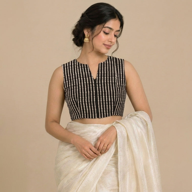 Madhvi Mood | 2-Way Zipper Sleeveless Earthy Black Stripes Handblock Printed Handblock Printed Cotton FlexiFitFit™ Saree Blouse