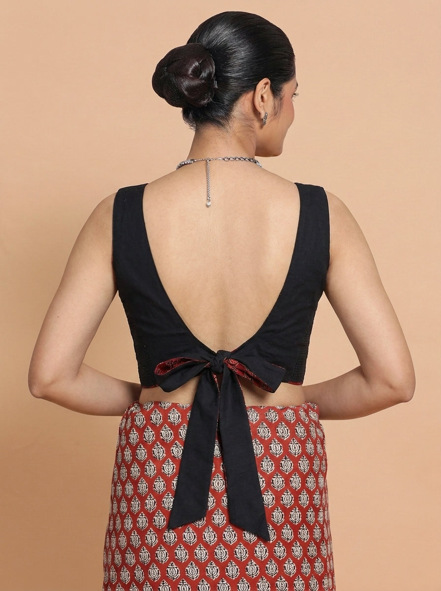 Ardha | Duet Reversible Blockprinted Red Mango & Black Solid Cotton CinchFit™ Saree Blouse